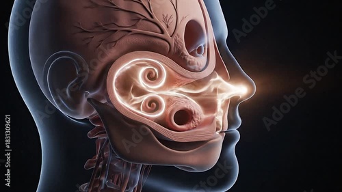 Anatomical illustration of the nasal cavity with swirling air currents