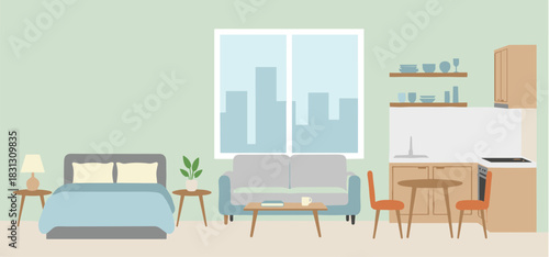 Modern studio apartment interior with furniture vector illustration.