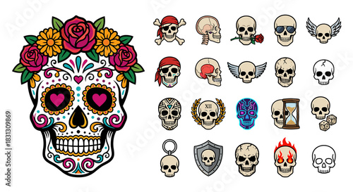 A collection of various skull illustrations, including a decorated sugar skull and other unique designs.