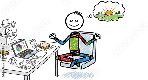 Peaceful Mind at Work A Stick Figure Meditating at a Desk, Daydreaming of a Serene Landscape