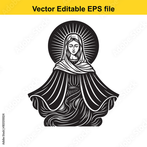 Black and white vector illustration of the virgin mary with a radiant halo, depicted in a classic, stylized religious art manner, isolated on white background