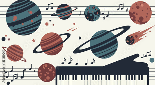 planets music concept featuring planets on sheet music with a piano evoking a harmonious blend of space and art perfect for creative projects.
