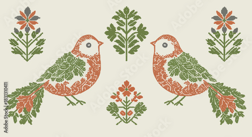 vintage bird illustration with floral motifs a pair facing each other designed for folk art projects and creating a retro rustic aesthetic wallpaper decor.