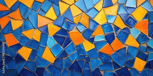 A blue and orange mosaic tile wall
