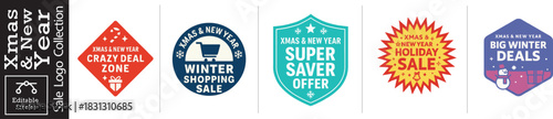 Grab these vibrant Christmas and New Year sale logos for your holiday promotions and winter savings campaigns to boost sales and attract customers now