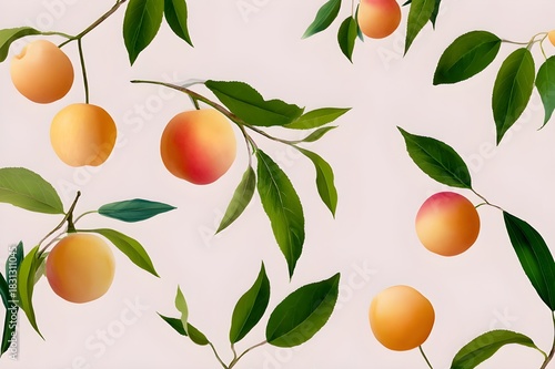 Peach And Apricot Aquarelle Fruit Pattern With Botanical Leaves Watercolor Art Design