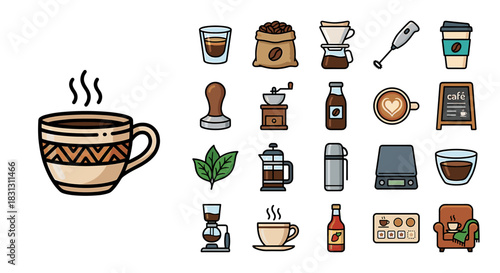 A collection of coffee-related icons, including a steaming mug, beans, grinder, and brewing equipment, arranged in a flat design style.
