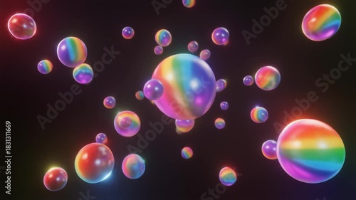 Floating Rainbow Spheres Against A Dark Background With Colorful Light Effects