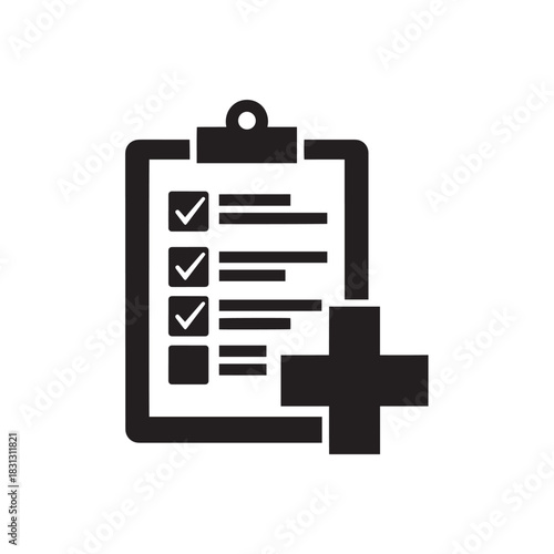 Black clipboard with checklist and plus sign icon task