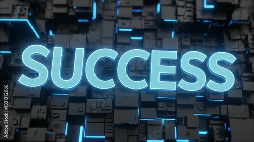 Glowing Success Text on a Futuristic Abstract Background Cubes with Blue Light and Digital Interface
