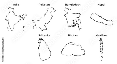 Outlined maps of several South Asian countries, displayed in a simple black and white arrangement.