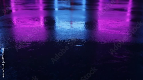 Neon Reflections on Wet Asphalt Abstract Background with Blue and Magenta Light