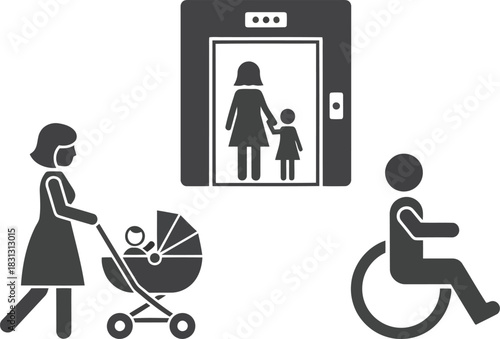 Accessible elevator icon showing mother with child wheelchair user and stroller user entrance vector