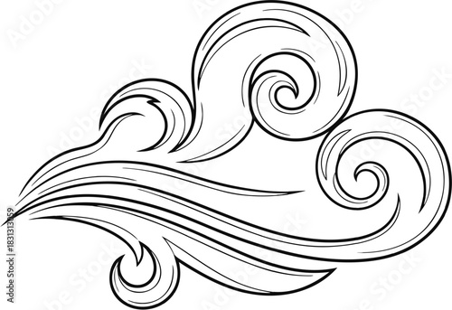 Black and white stylized drawing of swirling wind or air flow