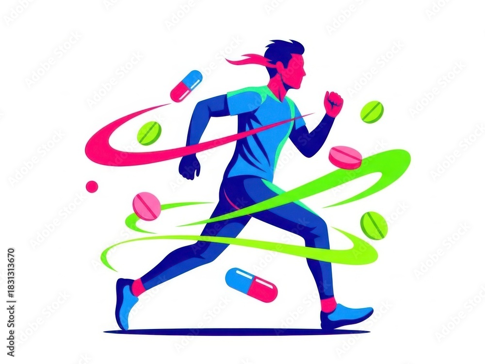 Obraz premium Vibrant vector illustration of a male athlete running fast surrounded by colorful performance enhancing pills and capsules isolated on white background