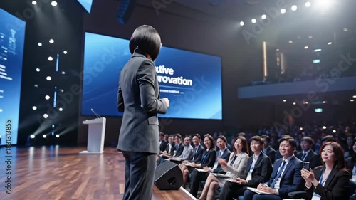 Professional woman presenting complex data on large screen stage conference event
