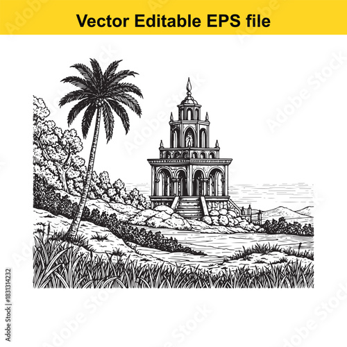 Vintage black and white engraving of an ornate, multitiered ancient temple structure situated on a rocky coastline next to a palm tree