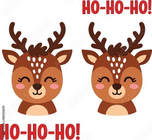 Cute cartoon reindeer christmas characters with ho ho ho text festive holiday illustration vector