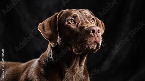 Close up portrait of a brown dog looking up with thoughtful expression against dark background