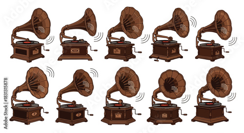 Vintage gramophone collection with sound waves