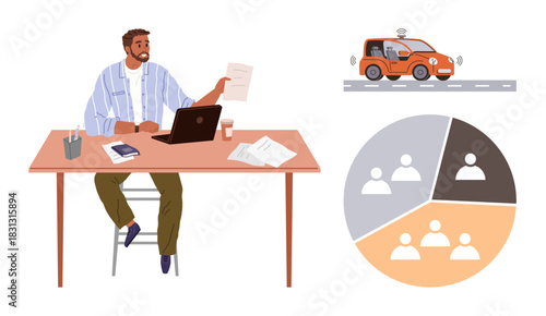Man seated at desk reviewing documents near laptop autonomous car, pie chart symbolizing data distribution. Ideal for tech innovation, data analysis, AI, mobility trends, business strategy, smart