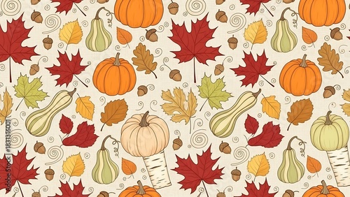 Autumn Harvest Pattern - Pumpkins, Leaves, and Gourds in a Festive Design.