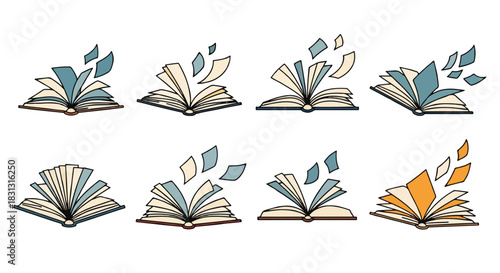 Open books with flying pages, various styles