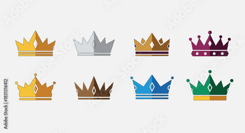 Colorful crown icons set with transparent background