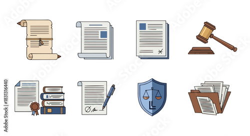 Legal documents and justice symbols collection