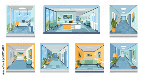 Office interiors and hallways with seating and plants