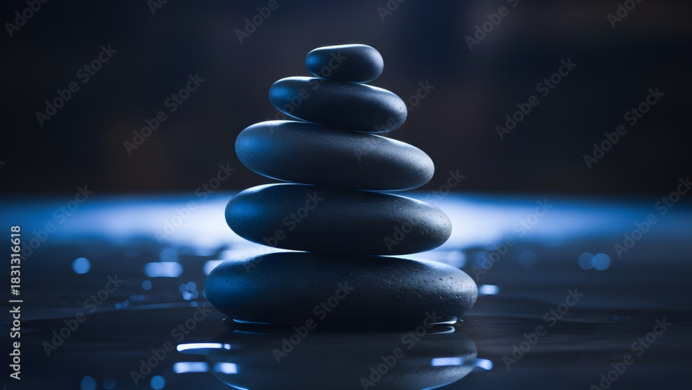 Obraz premium Balanced zen stones stack with water reflection for meditation and spa concept