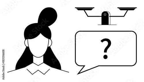 Woman with a thought bubble containing a question mark next to scales of justice. Ideal for decision-making, law, equality, ethics, fairness, problem-solving, critical thinking. Simple flat metaphor