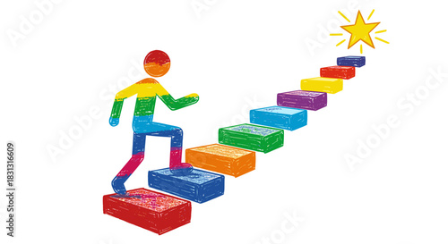 Vibrant rainbow figure ascends a colorful staircase towards a shining star, symbolizing personal growth, progress, and the joyful journey to achieving ambitious goals and success