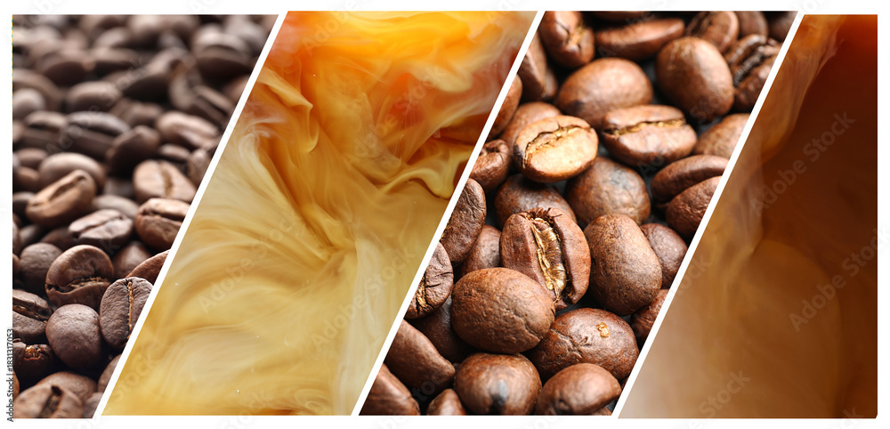 Fototapeta premium Coffee drinks and aromatic roasted beans, collage