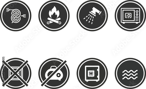 Kitchenware compatibility icons set safe for induction gas dishwasher microwave use vector