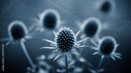 echinacea, a close-up, monochromatic shot of an echinacea flower with multiple seed heads arranged in a visually pleasing composition. Delicate spiderwebs subtly span between the blooms.