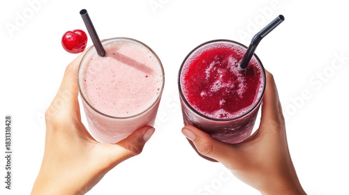 Two hands holding up glass of coconut smoothie and cherry soda on transparent background