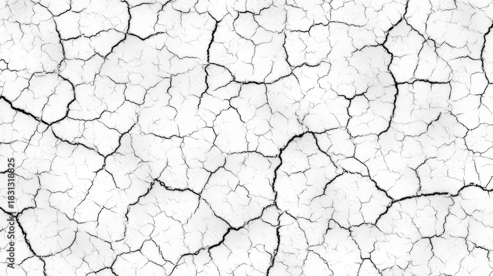Fototapeta premium A close-up view of a white cracked surface, showcasing intricate patterns resembling dry earth or paint, highlighting texture and contrast.