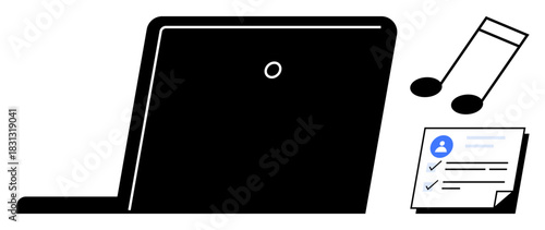 Open laptop with a checklist and music notes symbolizing productivity, task management, creativity, and multitasking. Ideal for work, remote learning, media, organization, planning or minimalistic