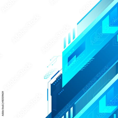 Modern Digital Tech Banner with Blue Geometric Element Isolated on Transparent Background. Blue cyber technology abstract background