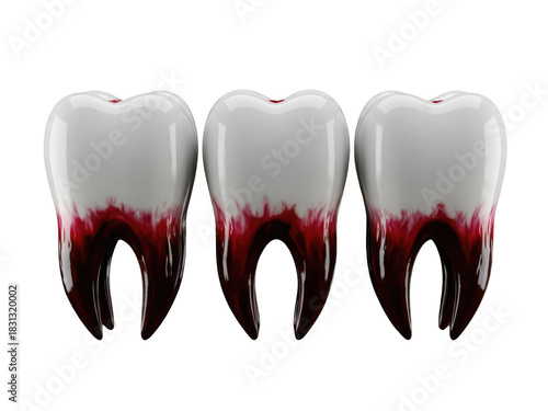 Three molar teeth showing severe gum disease and bleeding roots isolated on transparent background