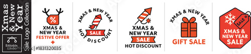 Boost Holiday Sales with these Christmas and New Year Discount and Offer Logos, Perfect for Retail Promotions and Festive Marketing Campaigns