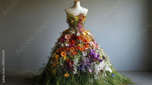 Exquisite Floral Gown on Mannequin, Nature's Artistry