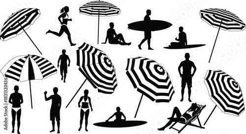 Black Beach and Summer Activity Silhouettes Collection Featuring Striped Umbrellas, Surfers, Runners, and Sunbathers for Vacation, Travel, or Leisure Vector Illustration