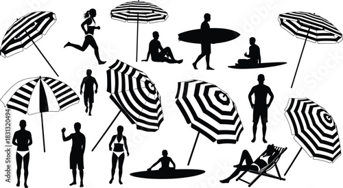 Black Beach and Summer Activity Silhouettes Collection Featuring Striped Umbrellas, Surfers, Runners, and Sunbathers for Vacation, Travel, or Leisure Vector Illustration