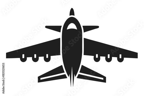 Airplane Icon Front View Silhouette: Simple Solid Black Aviation Vector