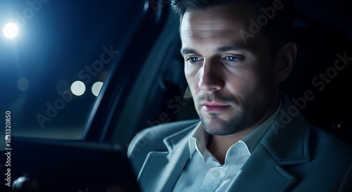A focused businessman in a car at night, illuminated by the glow of his tablet, showcasing modern connectivity and the demands of professional life