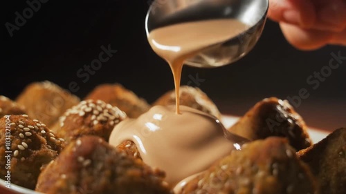 A ladle pours a creamy sauce over sesameseed coated falafel
