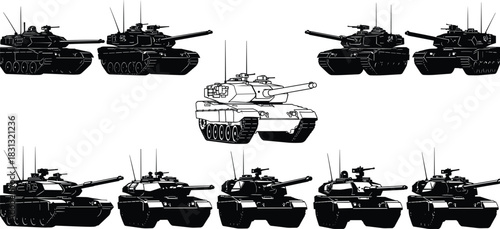 Detailed military tank silhouettes and front-view illustration, showcasing armored vehicle designs for warfare concepts, defense equipment graphics, combat machinery vector art collection