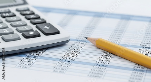 Calculator, pencil, and financial statement isolated on white background, representing accounting, finance, and business calculations